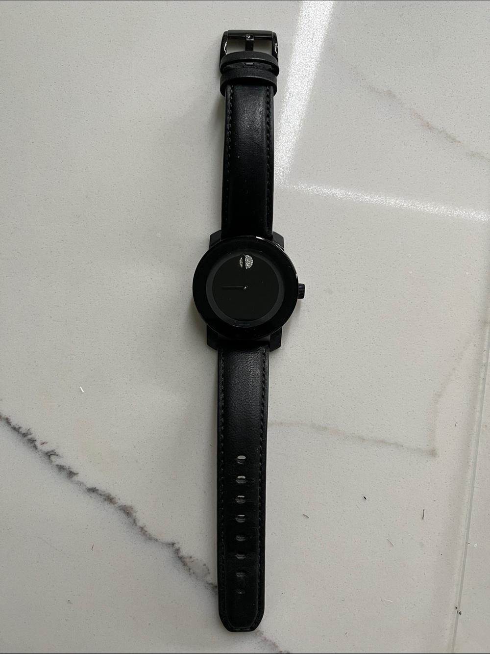 Movado All-Black Leather Strap Watch with Crystal Noon Marker